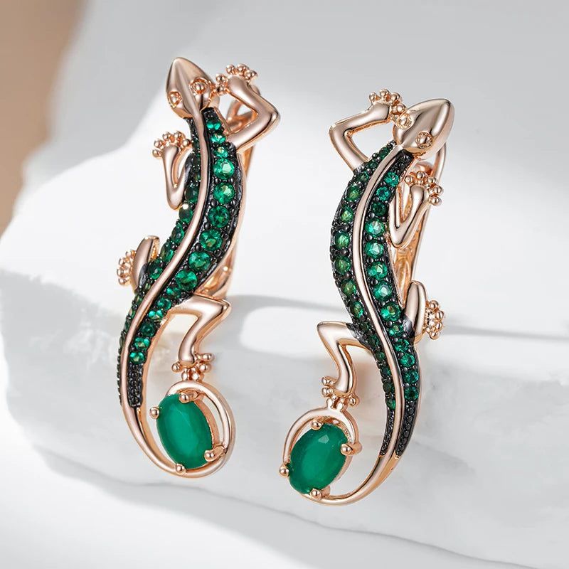 Exquisite Hot Green Natural Zircon Lizard Drop Earrings in 585 Rose Gold with Black Plating - Vintage Animal Punk Style