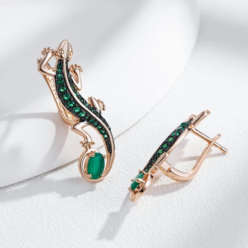 Exquisite Hot Green Natural Zircon Lizard Drop Earrings in 585 Rose Gold with Black Plating - Vintage Animal Punk Style