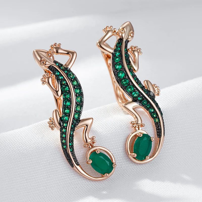 Exquisite Hot Green Natural Zircon Lizard Drop Earrings in 585 Rose Gold with Black Plating - Vintage Animal Punk Style