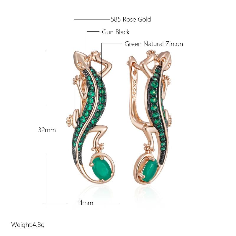 Exquisite Hot Green Natural Zircon Lizard Drop Earrings in 585 Rose Gold with Black Plating - Vintage Animal Punk Style