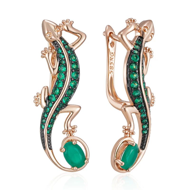 Exquisite Hot Green Natural Zircon Lizard Drop Earrings in 585 Rose Gold with Black Plating - Vintage Animal Punk Style