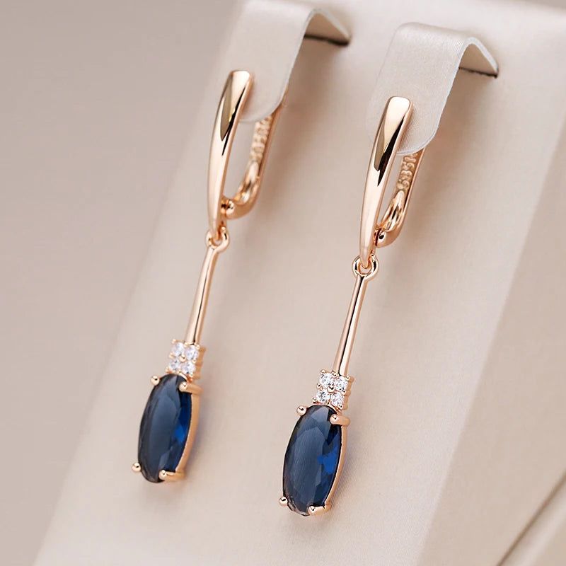 Exquisite Long Dangle Earrings with Oval Blue Natural Zircon in 585 Rose Gold