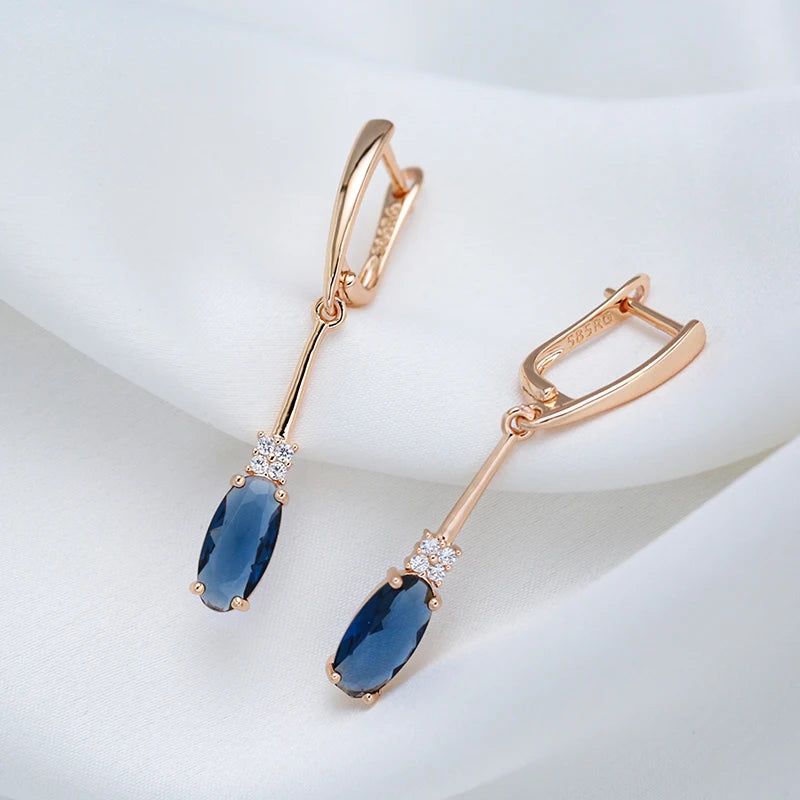 Exquisite Long Dangle Earrings with Oval Blue Natural Zircon in 585 Rose Gold