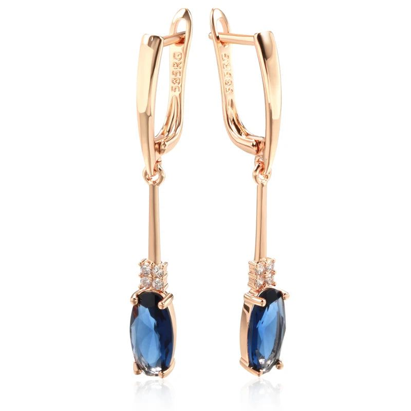 Exquisite Long Dangle Earrings with Oval Blue Natural Zircon in 585 Rose Gold