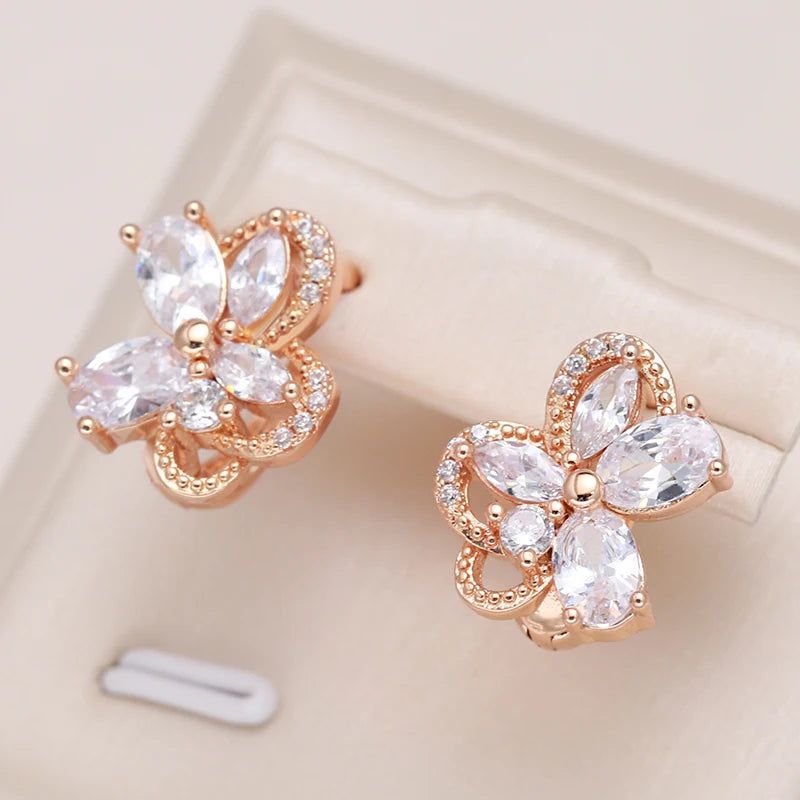 Exquisite Natural Zircon Butterfly Floral Drop Earrings in 585 Rose Gold Finish