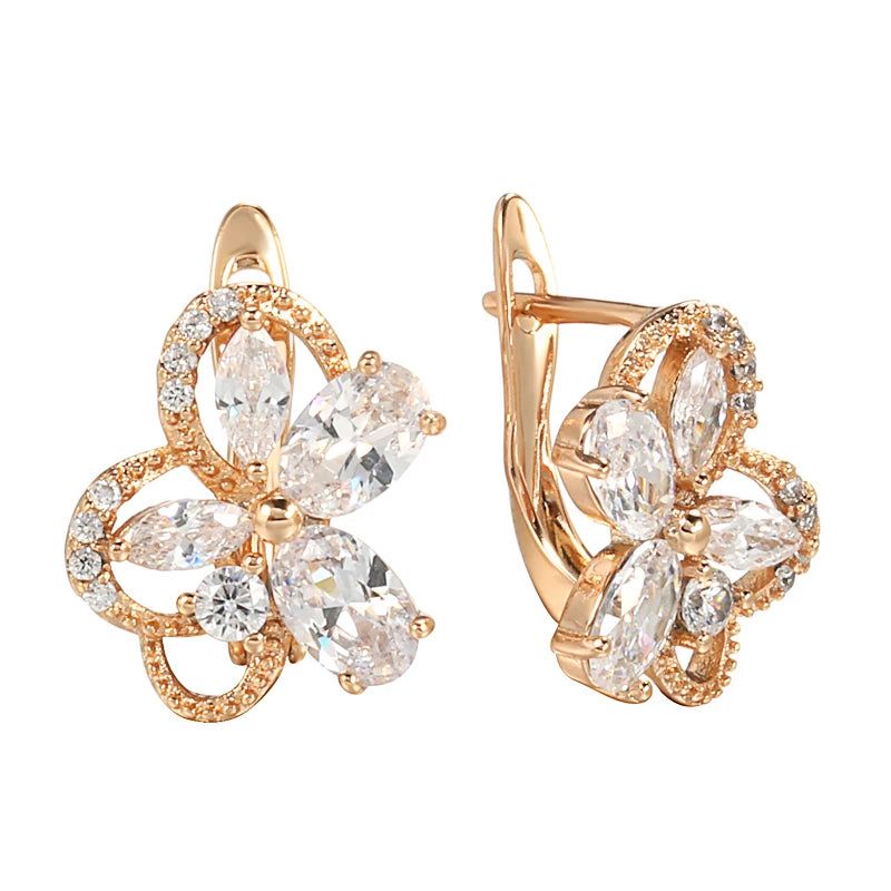 Exquisite Natural Zircon Butterfly Floral Drop Earrings in 585 Rose Gold Finish