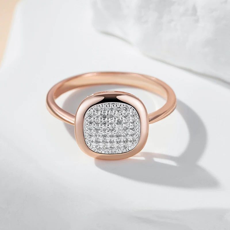 Exquisite Natural Zircon Square Cocktail Ring in Elegant 585 Rose Gold and Silver Mix