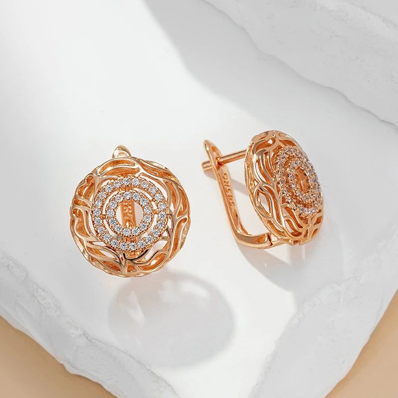 Exquisite New Vintage Geometric Drop Earrings in 585 Rose Gold with Natural Zircon