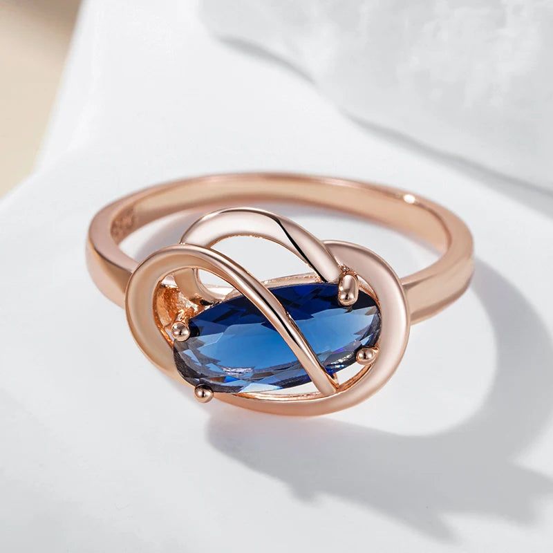 Exquisite Oval Blue Zircon Ring in Luxurious 585 Rose Gold Finish