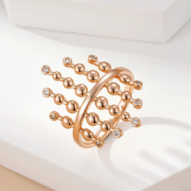 Exquisite Rose Gold Spherical Link Statement Ring with Natural Zircon Accents