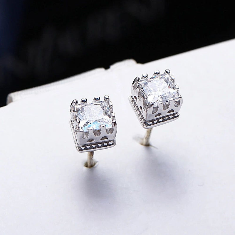 Exquisite Square Crown Stud Earrings with AAA Zircon for Everyday Elegance