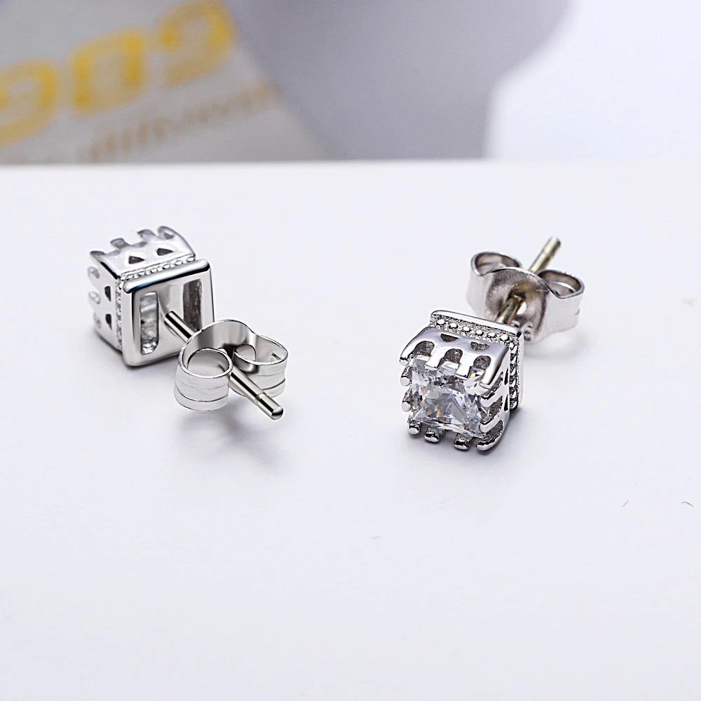 Exquisite Square Crown Stud Earrings with AAA Zircon for Everyday Elegance