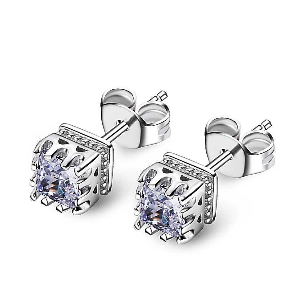 Exquisite Square Crown Stud Earrings with AAA Zircon for Everyday Elegance