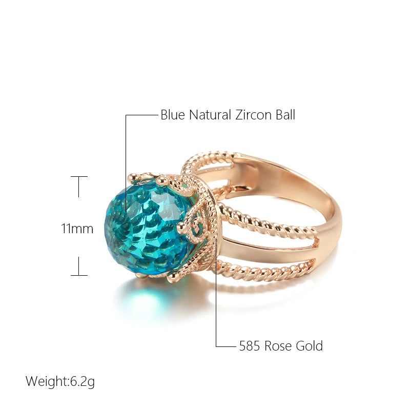 Exquisite Vintage 585 Rose Gold Crown Ring with Blue Zircon Ball Ear Clip