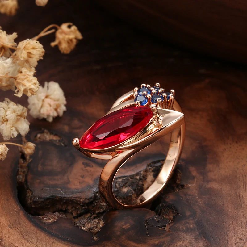 Exquisite Vintage 585 Rose Gold Red Ruby and Blue Zircon Cocktail Ring