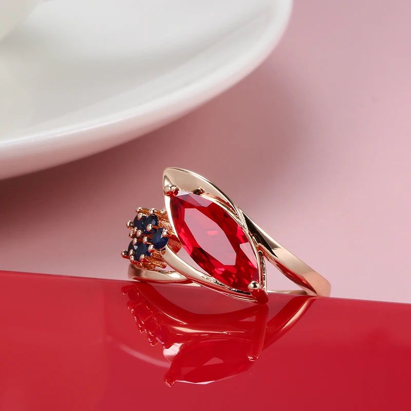 Exquisite Vintage 585 Rose Gold Red Ruby and Blue Zircon Cocktail Ring