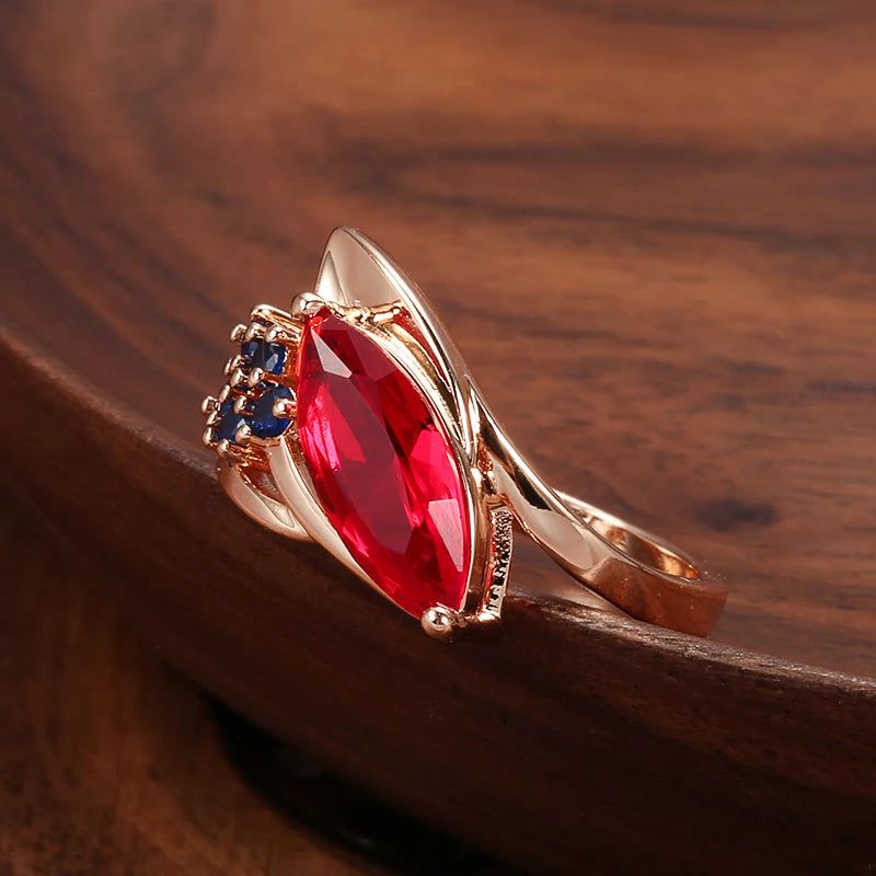 Exquisite Vintage 585 Rose Gold Red Ruby and Blue Zircon Cocktail Ring