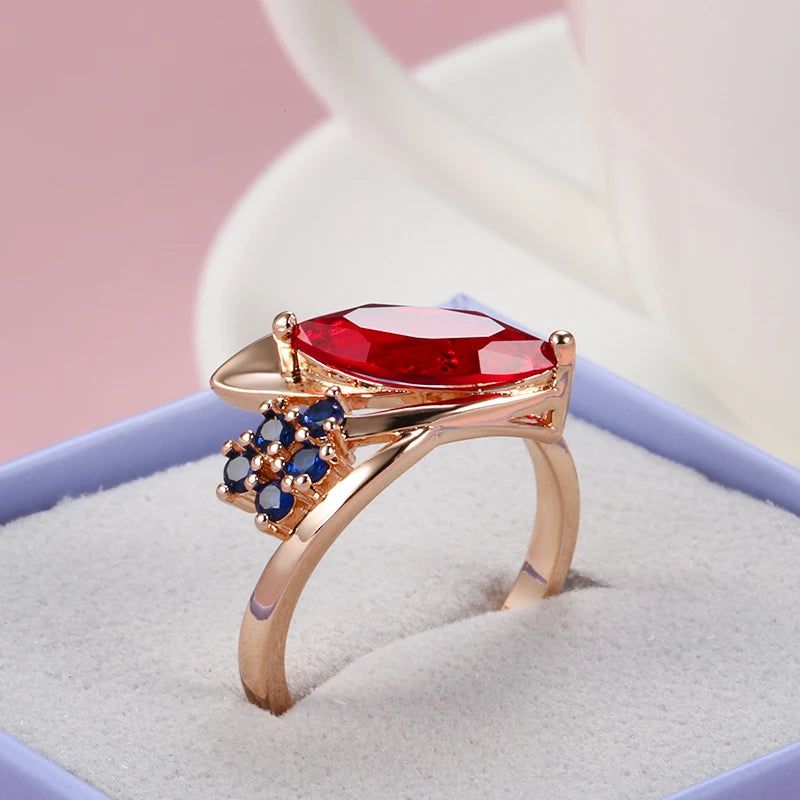 Exquisite Vintage 585 Rose Gold Red Ruby and Blue Zircon Cocktail Ring