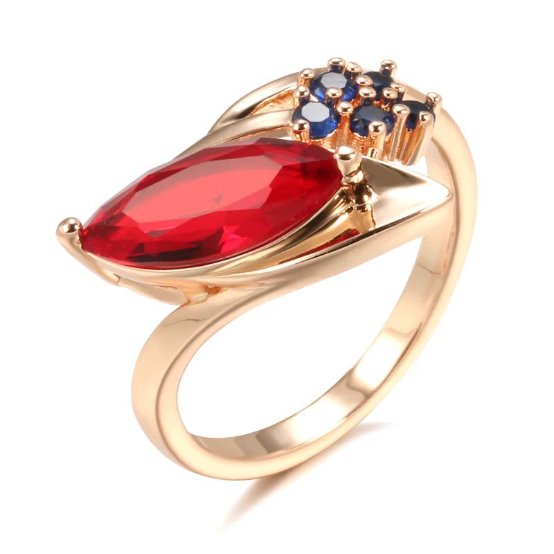 Exquisite Vintage 585 Rose Gold Red Ruby and Blue Zircon Cocktail Ring