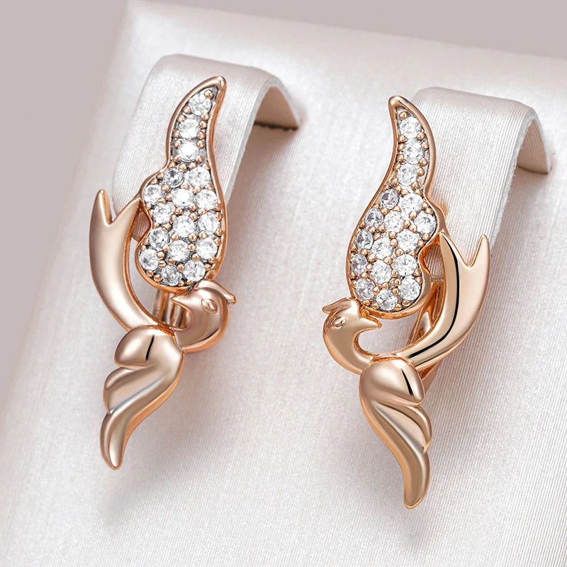 Exquisite Vintage Bird Drop Earrings in 585 Rose Gold with Natural Zircon Accents