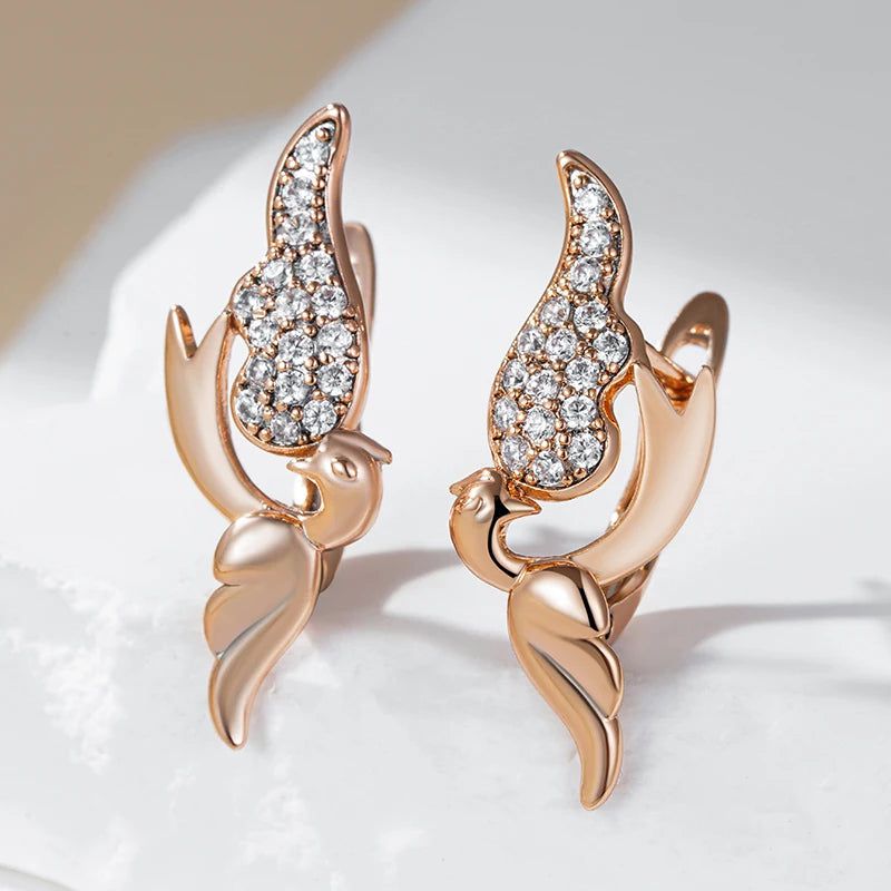 Exquisite Vintage Bird Drop Earrings in 585 Rose Gold with Natural Zircon Accents