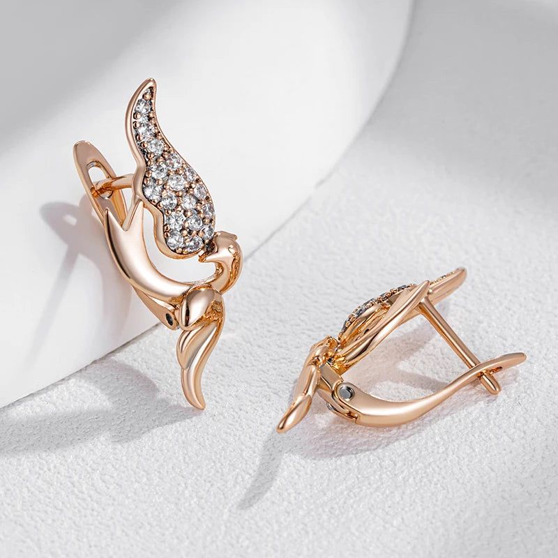 Exquisite Vintage Bird Drop Earrings in 585 Rose Gold with Natural Zircon Accents