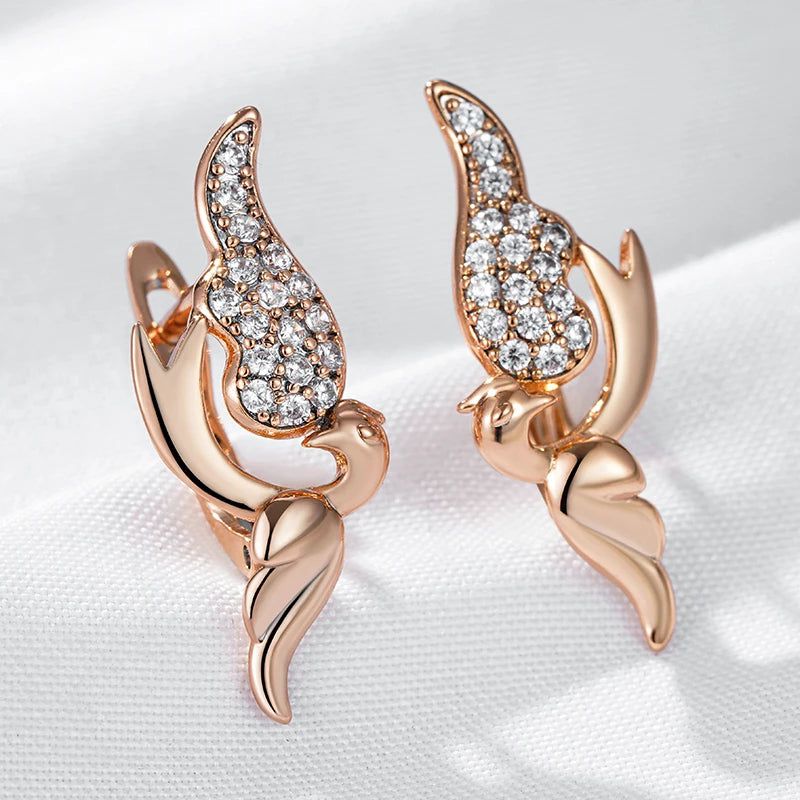 Exquisite Vintage Bird Drop Earrings in 585 Rose Gold with Natural Zircon Accents