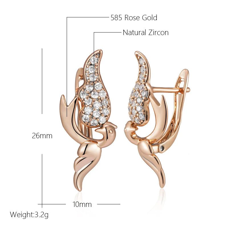 Exquisite Vintage Bird Drop Earrings in 585 Rose Gold with Natural Zircon Accents