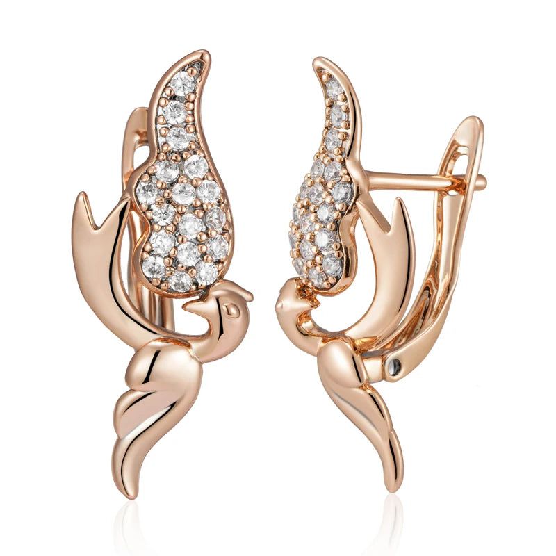 Exquisite Vintage Bird Drop Earrings in 585 Rose Gold with Natural Zircon Accents