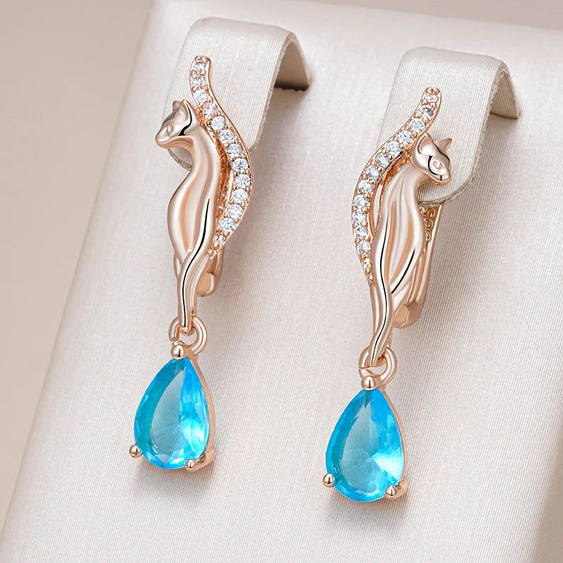 Exquisite Vintage Blue Natural Zircon Long Drop Earrings in 585 Rose Gold Finish