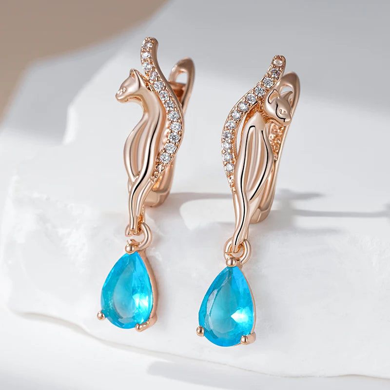 Exquisite Vintage Blue Natural Zircon Long Drop Earrings in 585 Rose Gold Finish