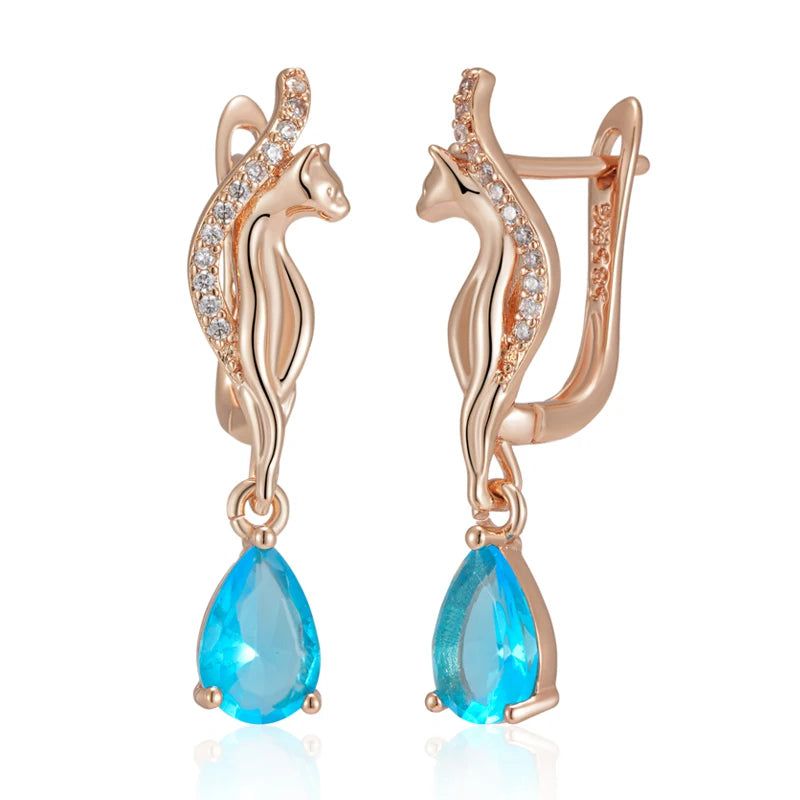 Exquisite Vintage Blue Natural Zircon Long Drop Earrings in 585 Rose Gold Finish