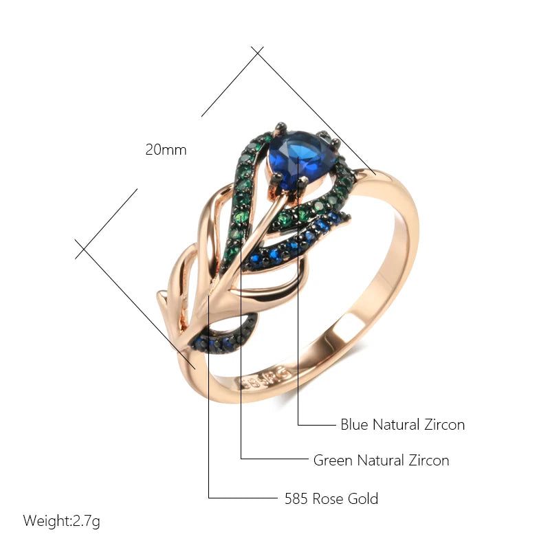 Exquisite Vintage Blue Zircon Ring in 585 Rose Gold with Black Plating and Crystal Leaf Design