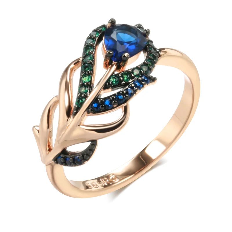 Exquisite Vintage Blue Zircon Ring in 585 Rose Gold with Black Plating and Crystal Leaf Design