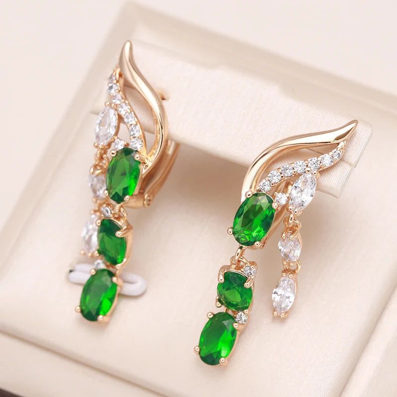 Exquisite Vintage Green Natural Zircon Rose Gold Long Tassel Drop Earrings