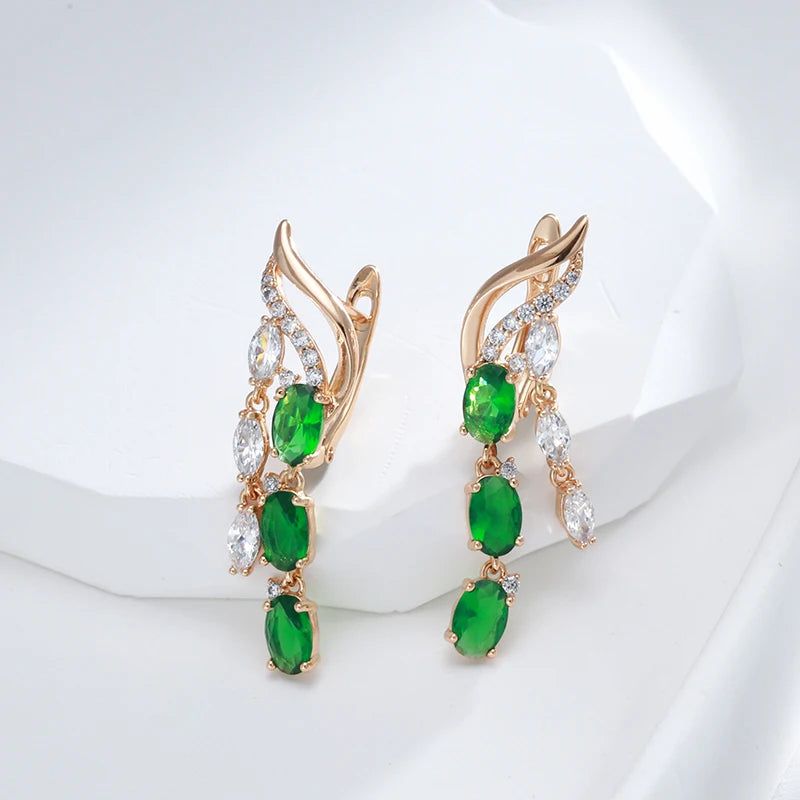 Exquisite Vintage Green Natural Zircon Rose Gold Long Tassel Drop Earrings