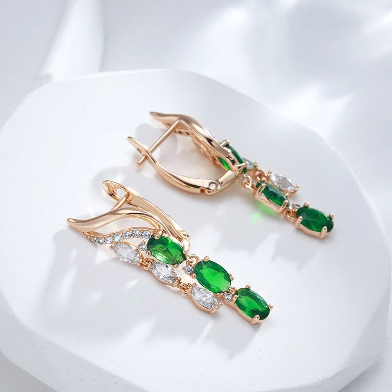 Exquisite Vintage Green Natural Zircon Rose Gold Long Tassel Drop Earrings