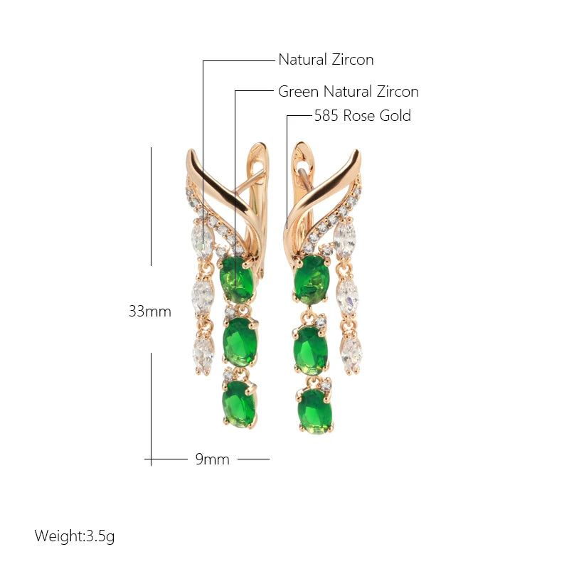 Exquisite Vintage Green Natural Zircon Rose Gold Long Tassel Drop Earrings