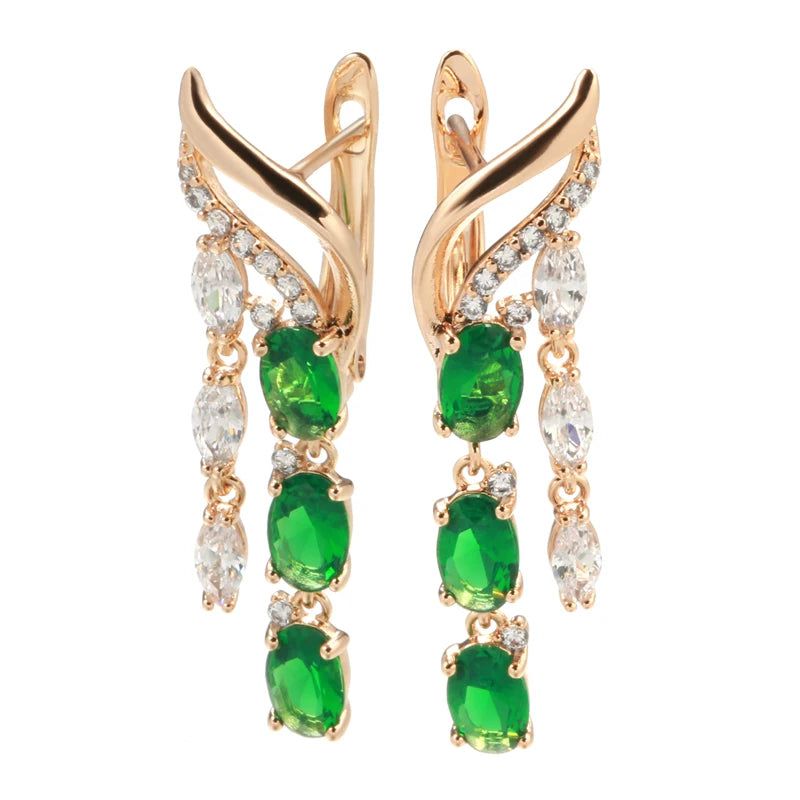 Exquisite Vintage Green Natural Zircon Rose Gold Long Tassel Drop Earrings