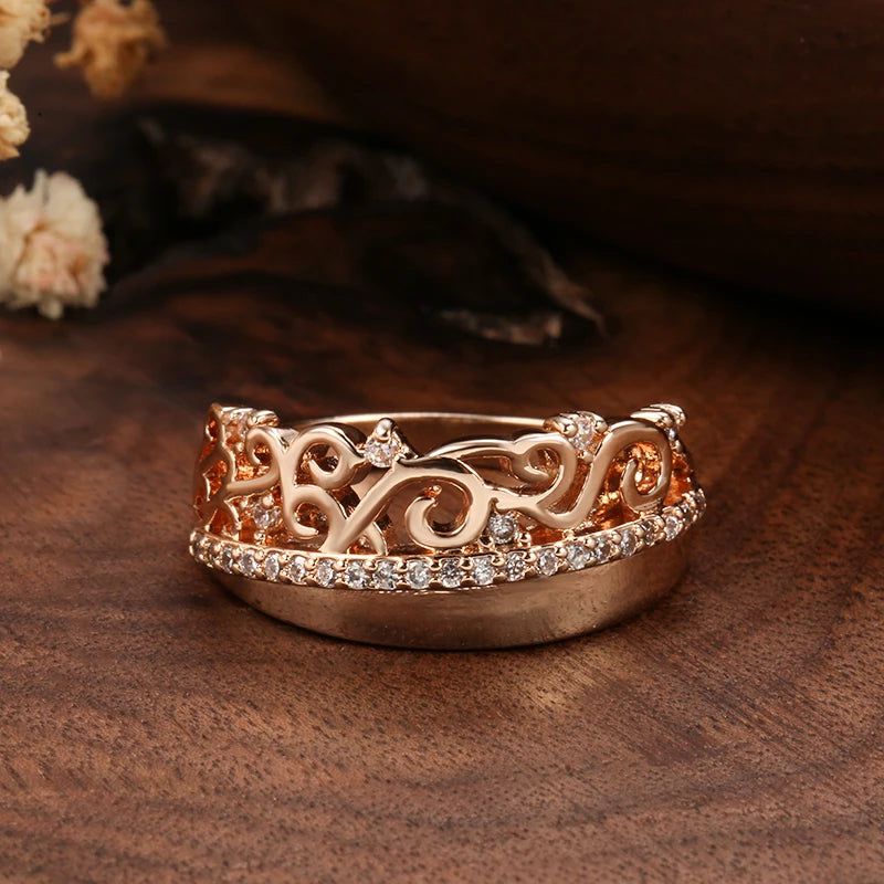 Exquisite Vintage-Inspired 585 Rose Gold Crown Ring with Natural Zircon Weaving Design