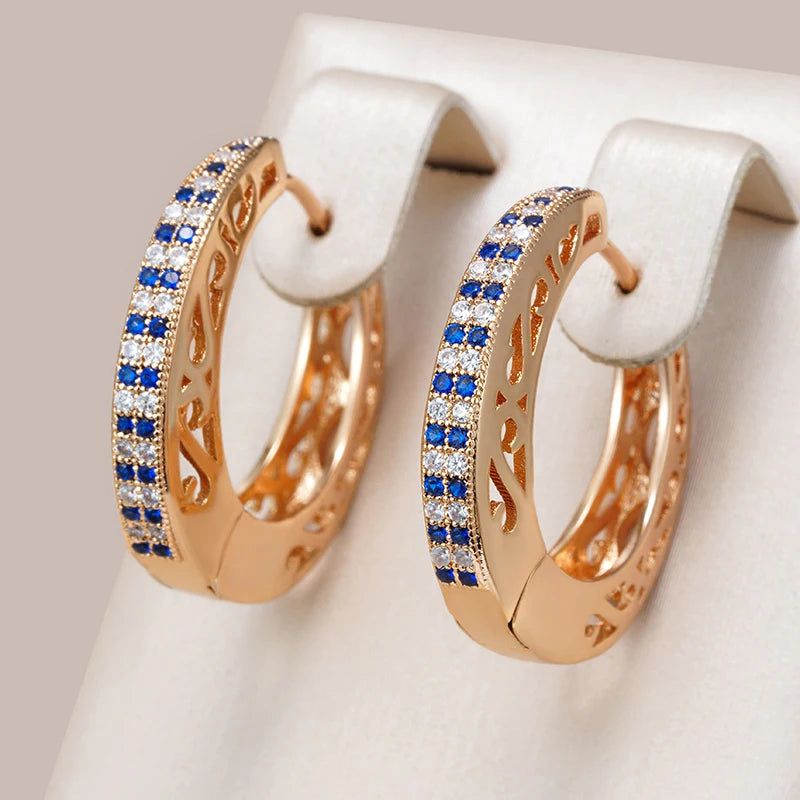 Exquisite Vintage-Inspired Big Hoop Earrings with Shiny Blue Natural Zircon in 585 Rose Gold Finish