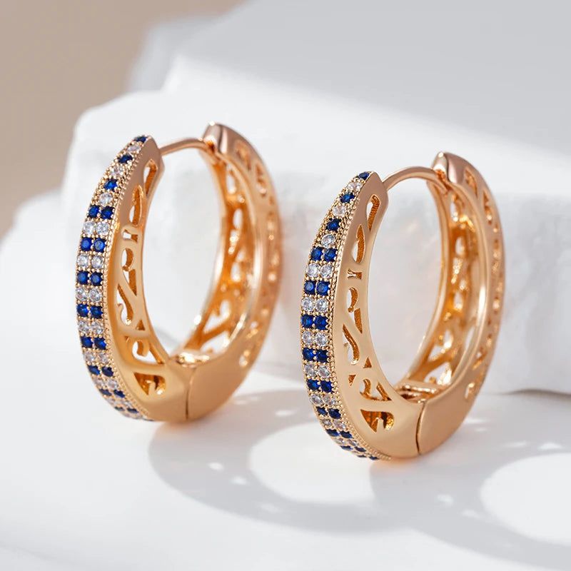 Exquisite Vintage-Inspired Big Hoop Earrings with Shiny Blue Natural Zircon in 585 Rose Gold Finish