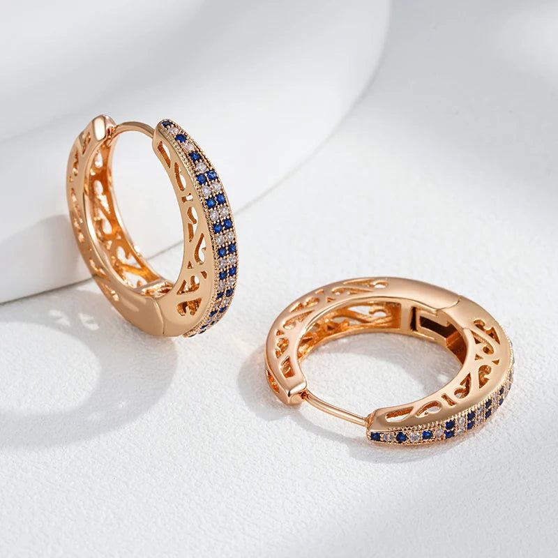 Exquisite Vintage-Inspired Big Hoop Earrings with Shiny Blue Natural Zircon in 585 Rose Gold Finish