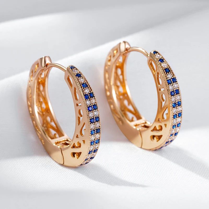 Exquisite Vintage-Inspired Big Hoop Earrings with Shiny Blue Natural Zircon in 585 Rose Gold Finish