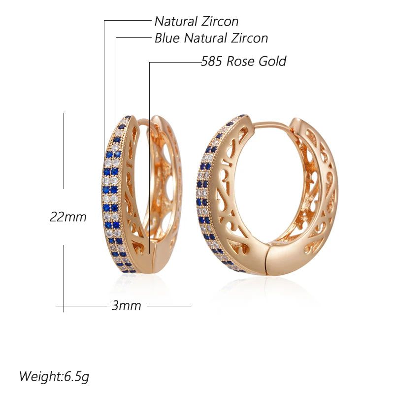 Exquisite Vintage-Inspired Big Hoop Earrings with Shiny Blue Natural Zircon in 585 Rose Gold Finish