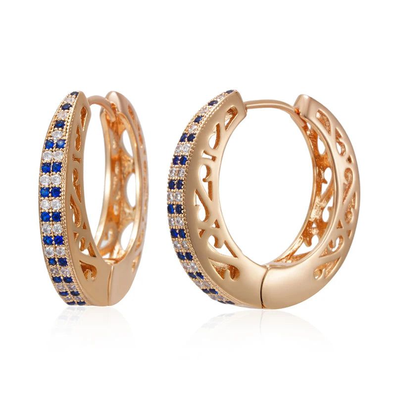 Exquisite Vintage-Inspired Big Hoop Earrings with Shiny Blue Natural Zircon in 585 Rose Gold Finish