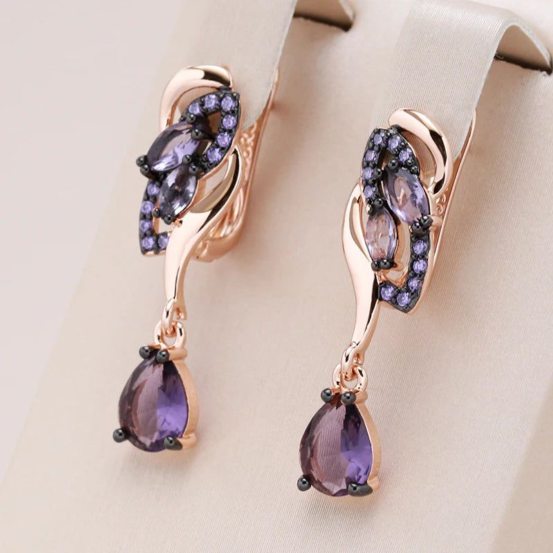 Exquisite Vintage Long Drop Earrings with Hot Purple Natural Zircon in 585 Rose Gold and Black Plating