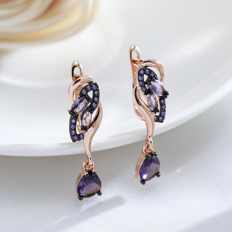 Exquisite Vintage Long Drop Earrings with Hot Purple Natural Zircon in 585 Rose Gold and Black Plating