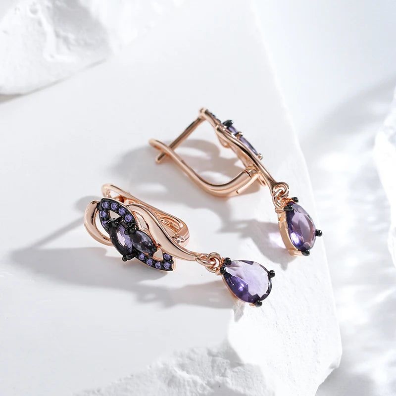 Exquisite Vintage Long Drop Earrings with Hot Purple Natural Zircon in 585 Rose Gold and Black Plating