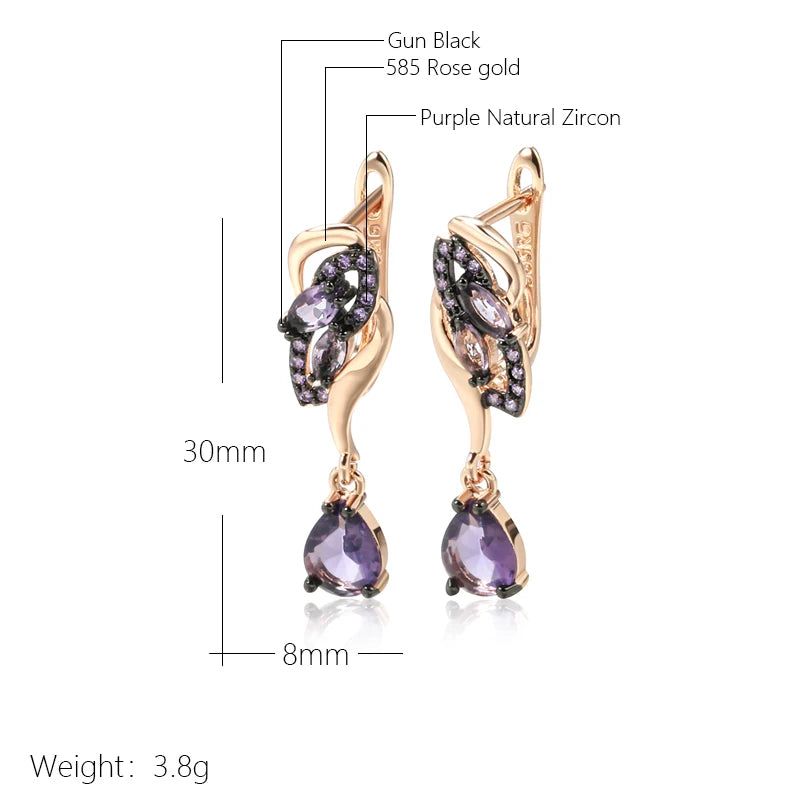 Exquisite Vintage Long Drop Earrings with Hot Purple Natural Zircon in 585 Rose Gold and Black Plating